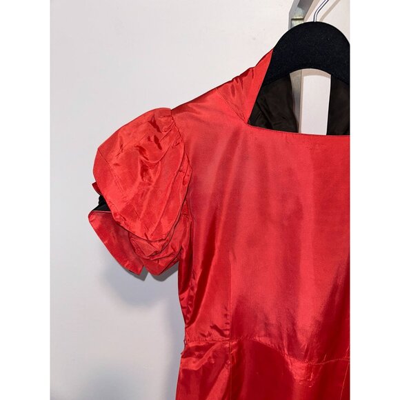 Vtg 40s Red Acetate Tafetta Dress Puff Sleeves Side Snaps Midi Length Womens - Picture 5 of 5